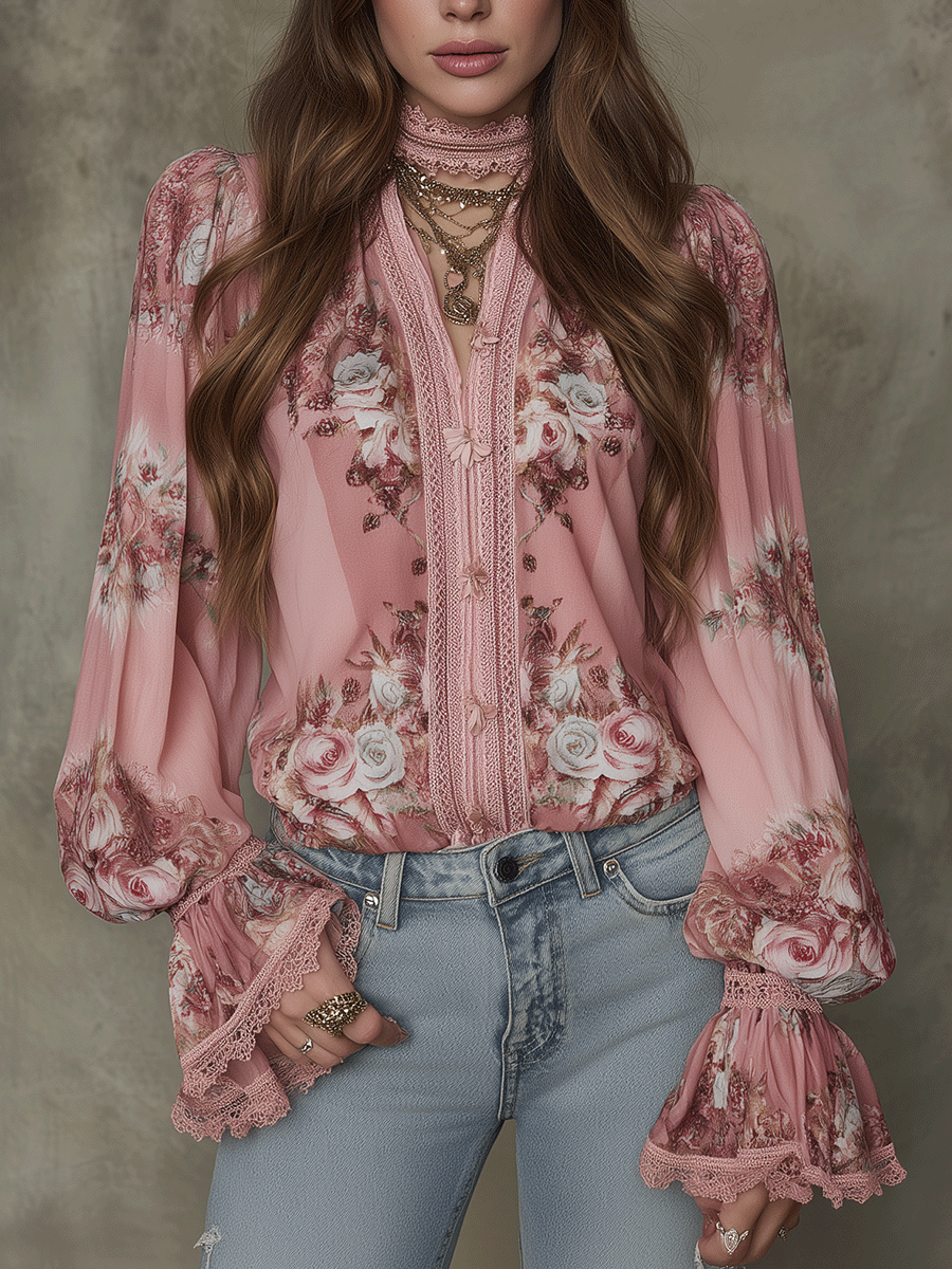 Floral Lace-Trim Chiffon Blouse – Romantic, Affordable