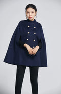 Xiaolizi Navy Wool Cape Coat for Women – Handmade Double-Breasted Winter Cape with High Collar 2279