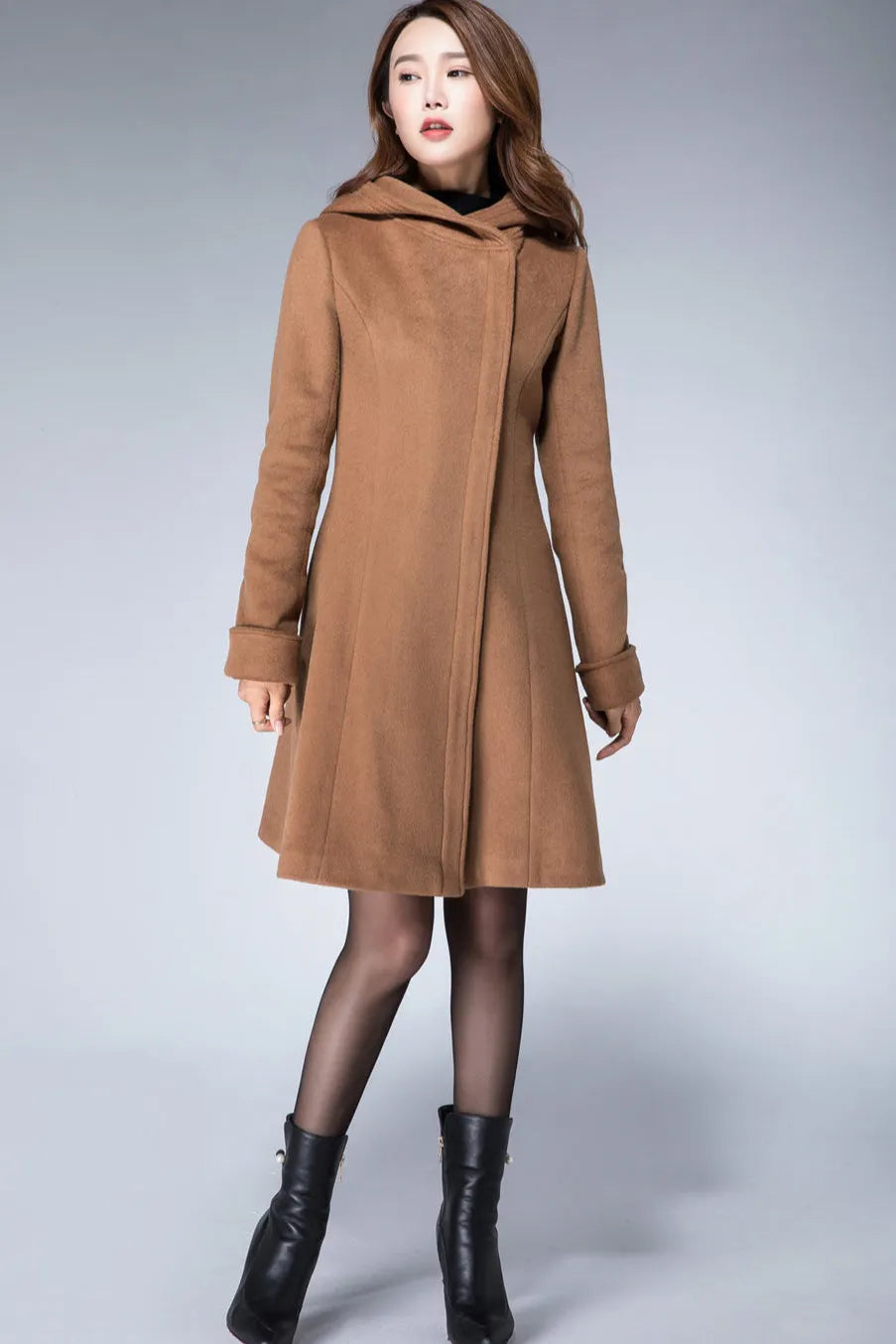 Camel Wool Blend Hooded Coat – Handmade Short Winter Jacket 1864