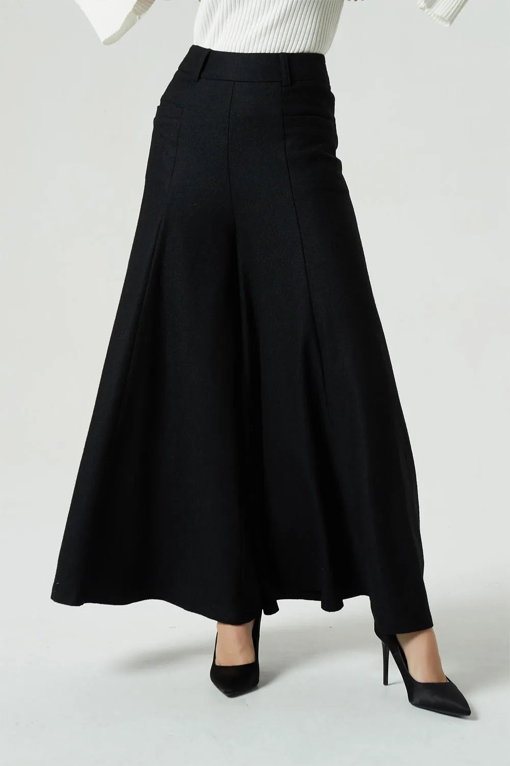 Black Wool Wide Leg Palazzo Pants - High Waist Pleated Maxi Pants 1998