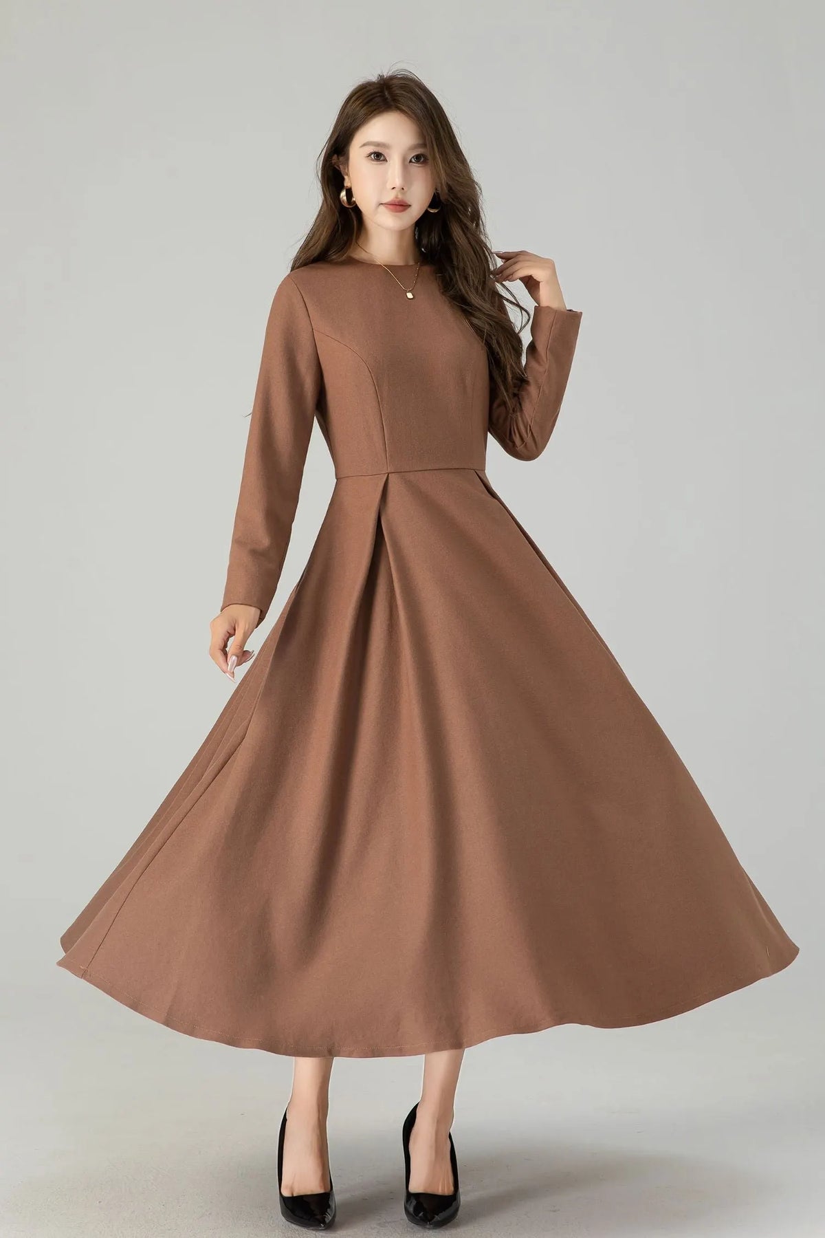 Dark Green Wool Midi Dress - Swing Silhouette with Detachable Cape 4560