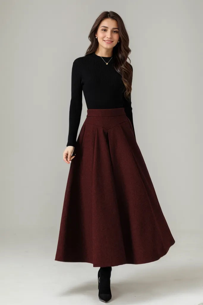 Burgundy Wool Maxi Skirt – Vintage High Waist A-Line Winter Skirt with Pockets 5227