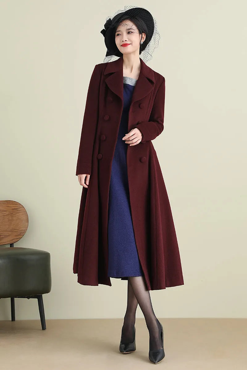 Handmade Wine Red Wool Coat – Vintage Double-Breasted Fit and Flare Overcoat 