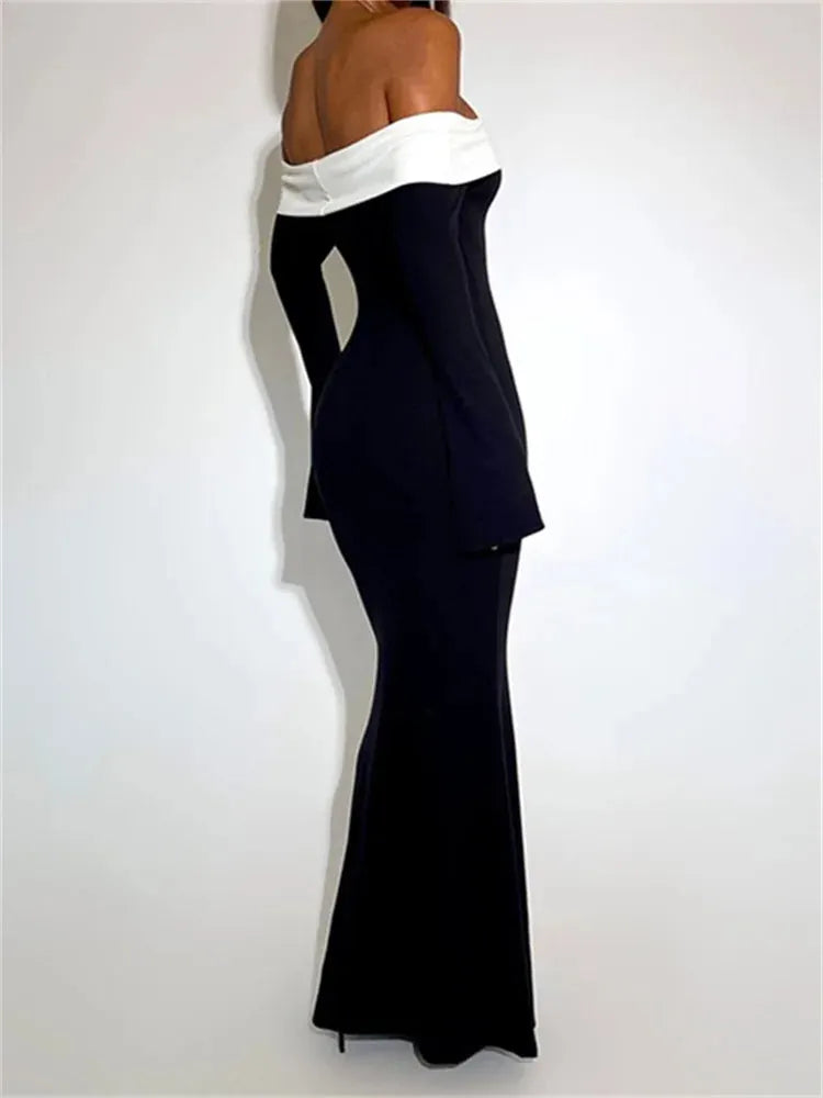 Sexy Women Slash Neck Off Shoulder Sleeve Contrast Color Slim Fit Party Formal Female Vestidos