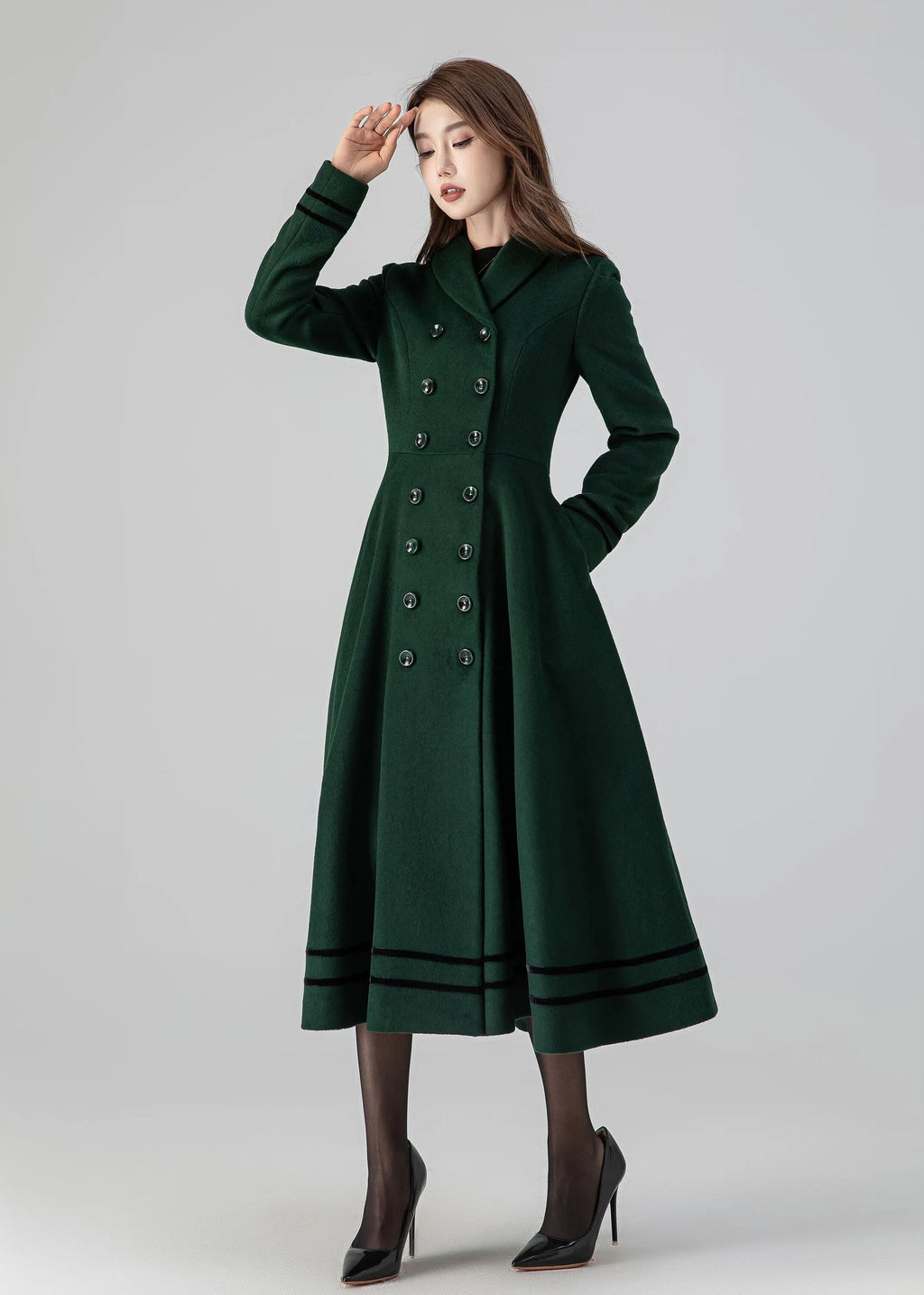 Forest Green Wool Coat - Double Breasted A-Line Fit and Flare 4514