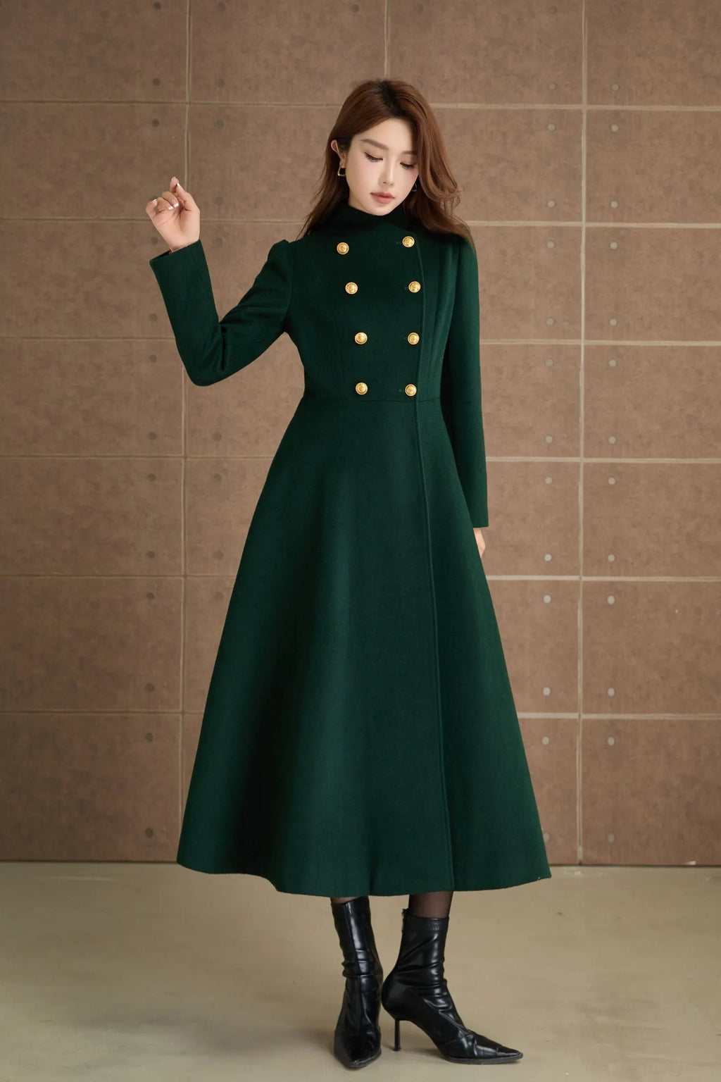 Green Wool Midi Coat - Fit and Flare Double Breasted Winter Outerwear 5368