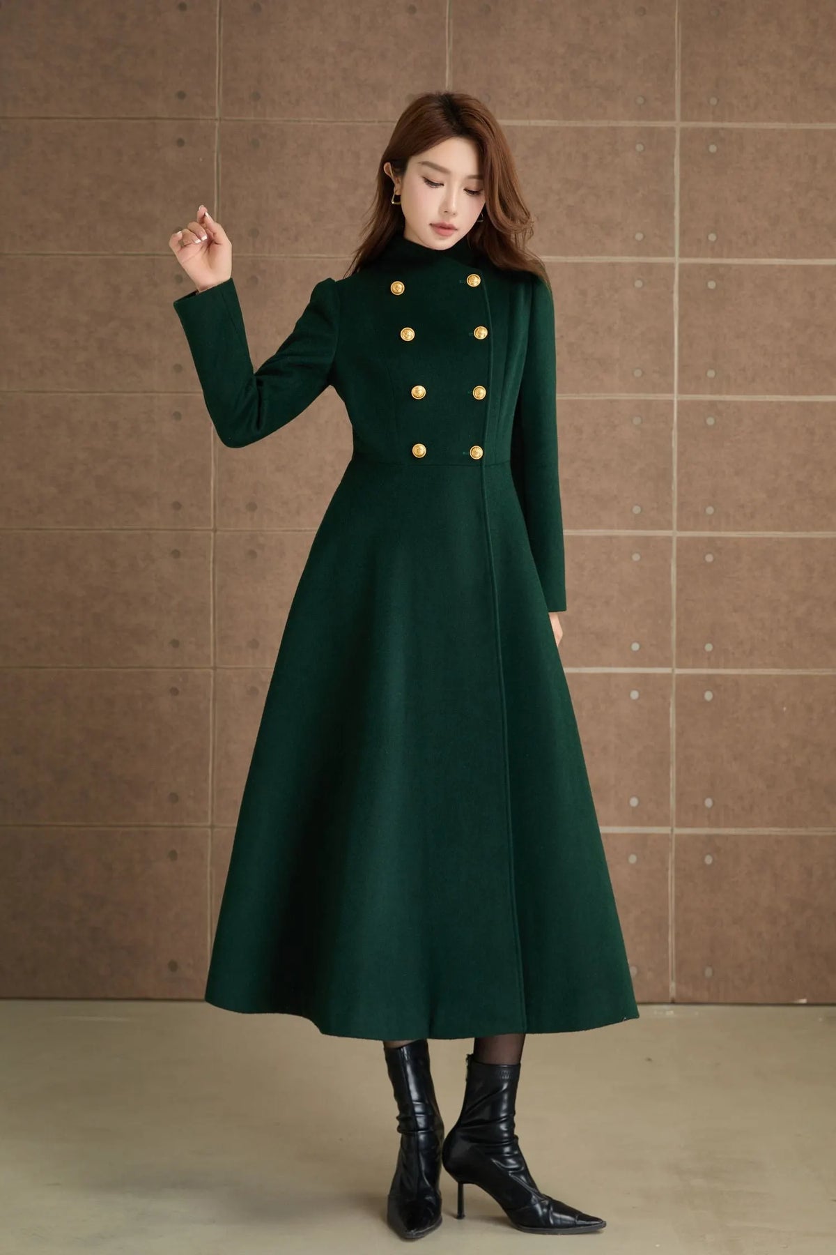 Green Wool Midi Coat - Fit and Flare Double Breasted Winter Outerwear 5368