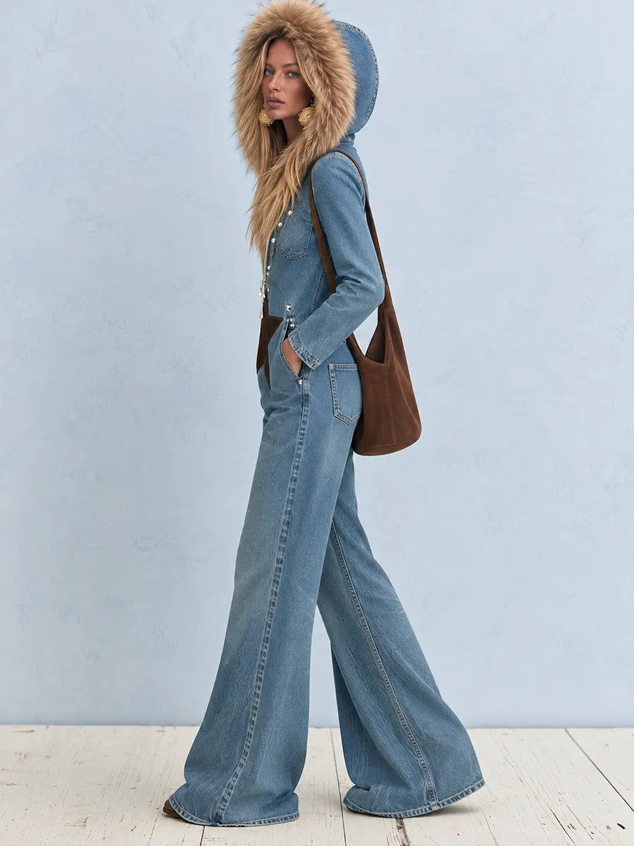 Hooded Star Patch Wide Leg Denim Jumpsuit