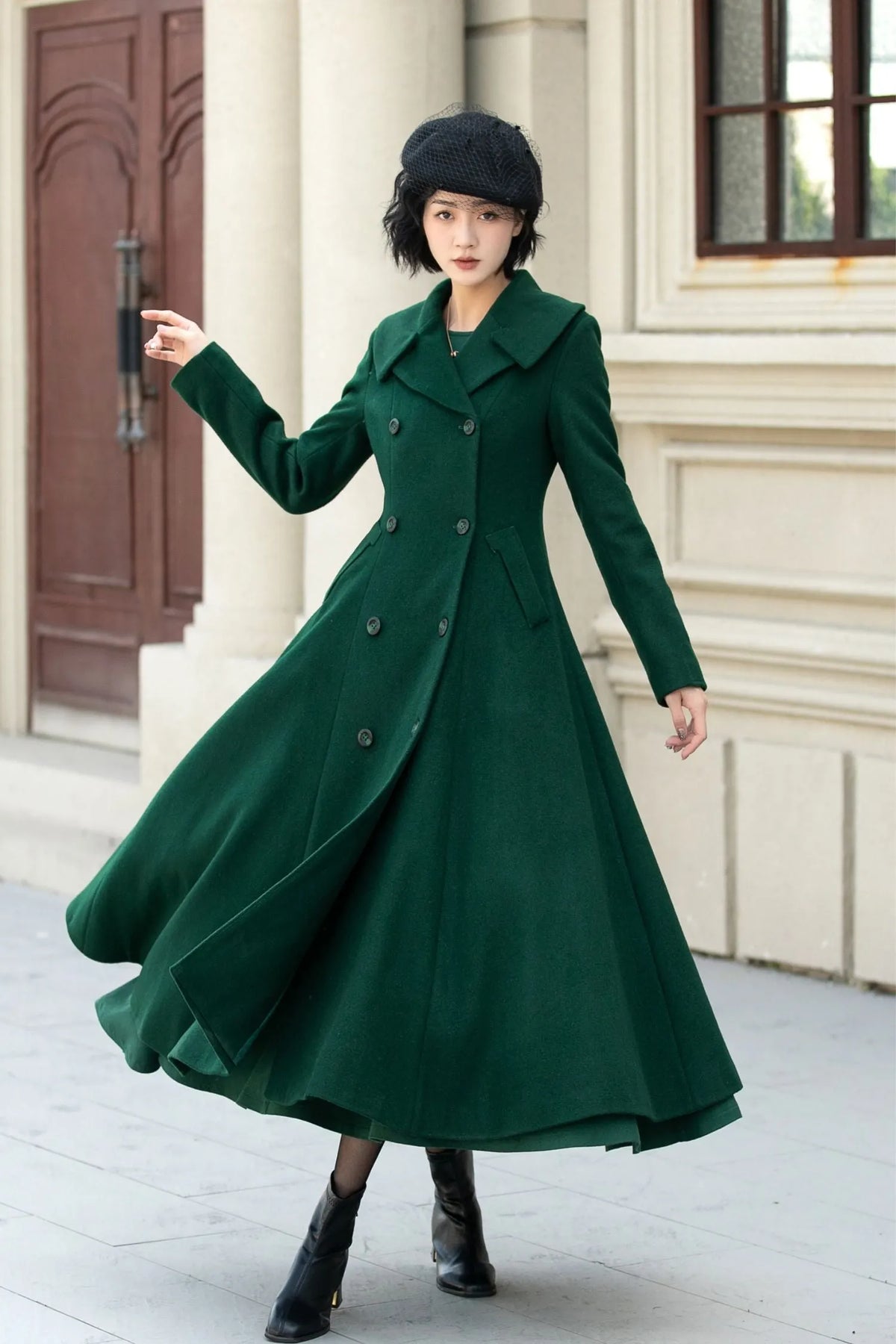 Dark Green Wool Coat - Double Breasted, A-Line Flared Silhouette 5452