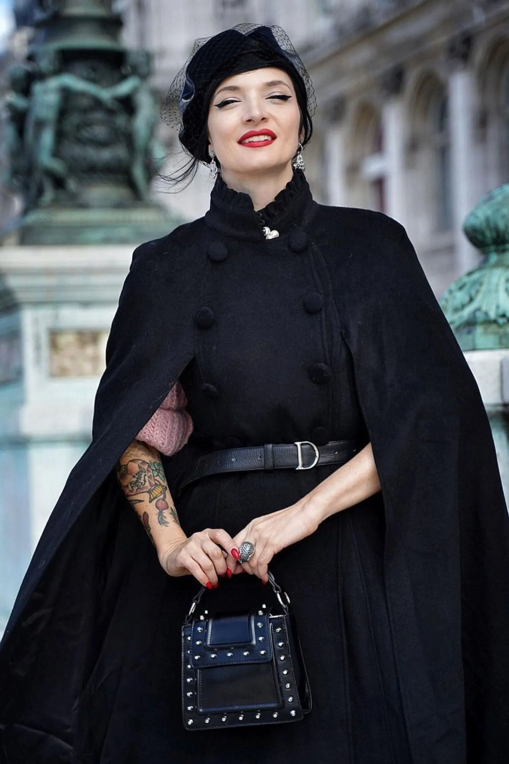 Black Wool Cape Coat - Double Breasted Knee-Length Stand Collar 3373