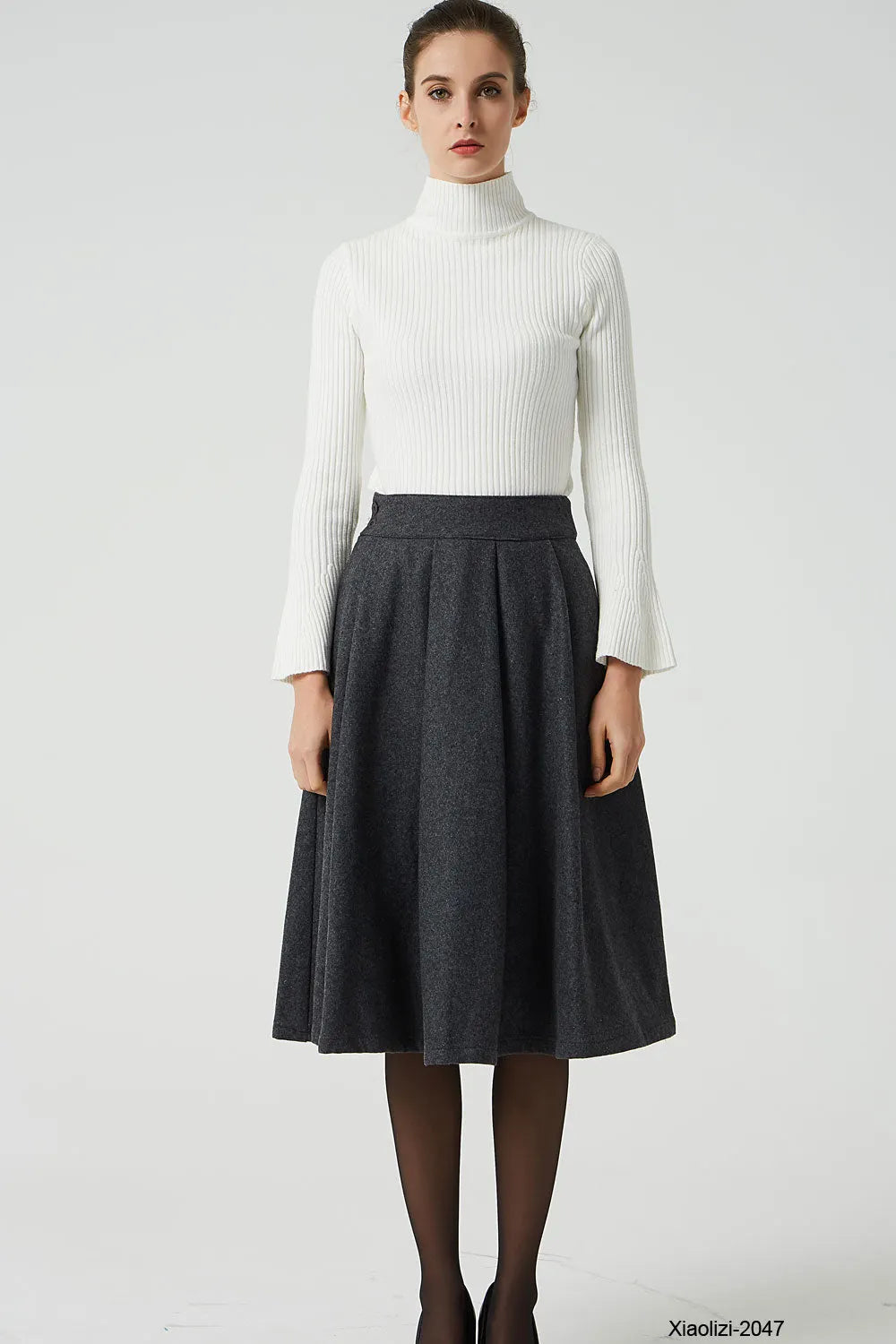 Handmade Wool Pleated Skirt – Dark Gray High Waist Knee Length 