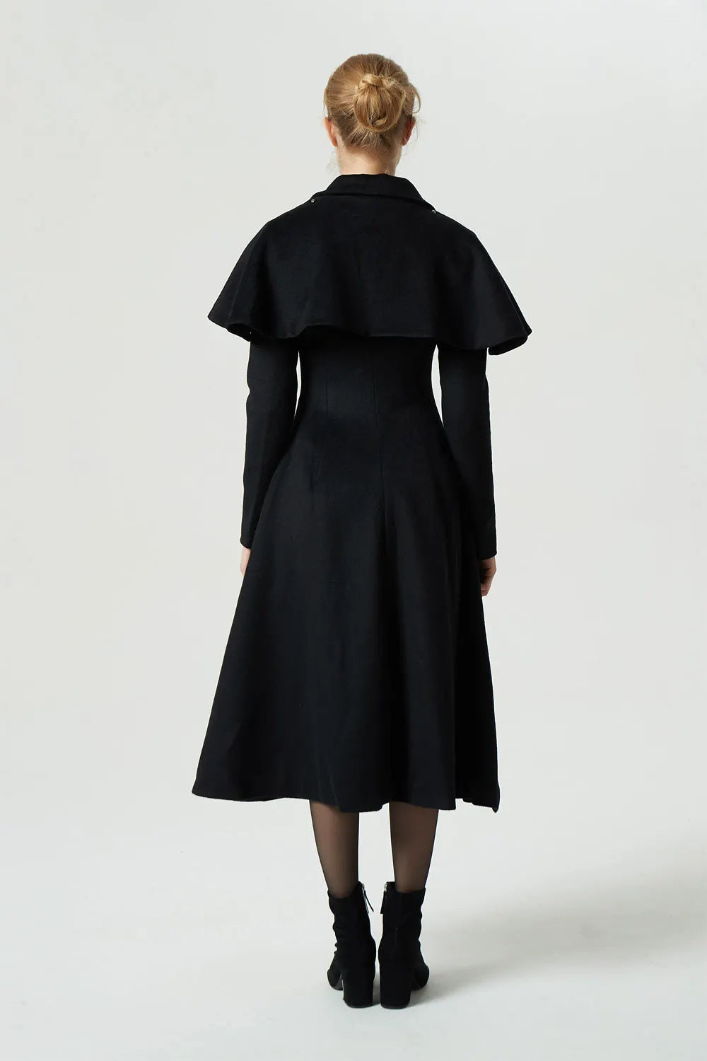 Vintage Wool Coat for Women – Handmade Black Fit and Flare Winter Cape Coat 