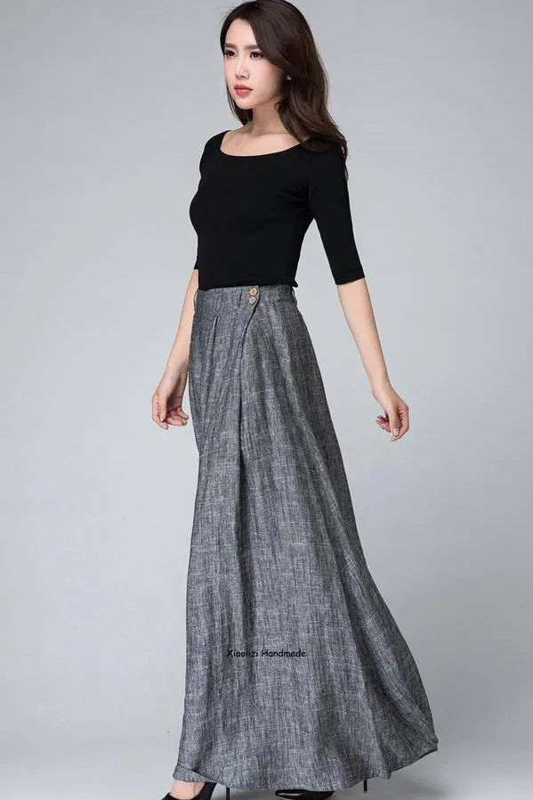 Grey Linen Cotton Maxi Skirt – Women’s High Waist Pleated Long Skirt 1506