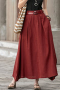 Handmade Linen Maxi Skirt – Red Asymmetrical Long Skirt for Women 