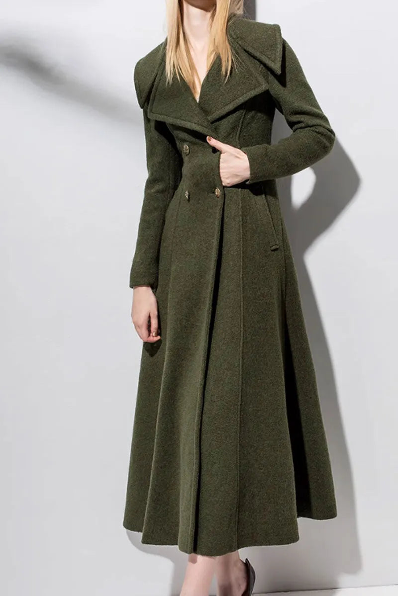 Army Green Wool Coat - Double Breasted, Long Sleeve Winter Elegance 4716