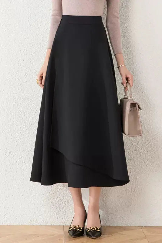 Brown Cotton Blend A-Line Long Skirt - Asymmetrical and High Waist 40