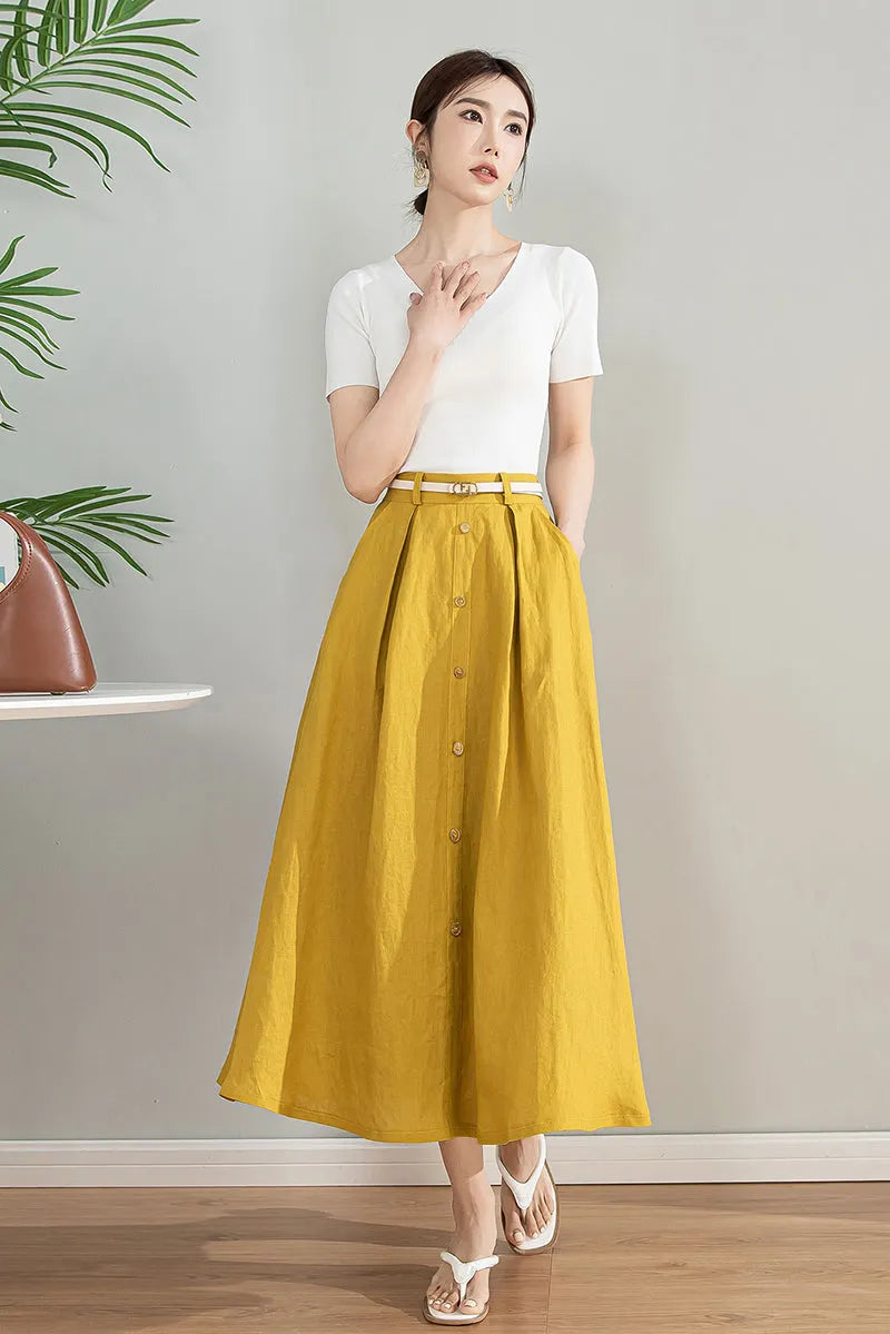 Handmade Linen Cotton Midi Skirt with Pockets 