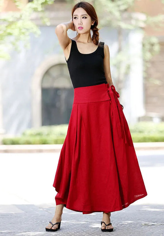 Red Linen Cotton Wrap Maxi Skirt – Handmade High Waist Summer Skirt 1025