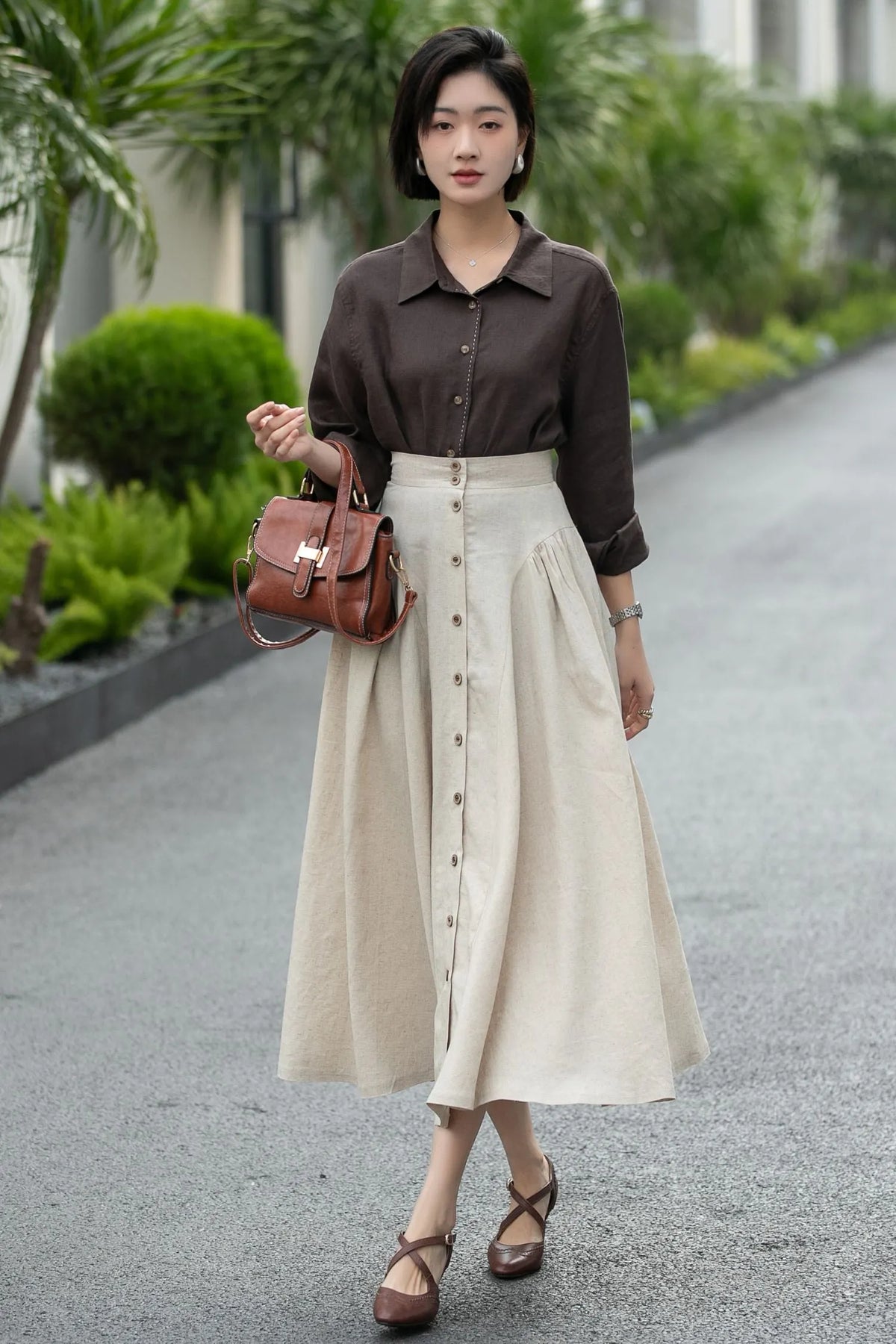 Beige Linen Midi Skirt – High Waist A-Line Button Front Skirt 6666 -Size xs #CK2600002
