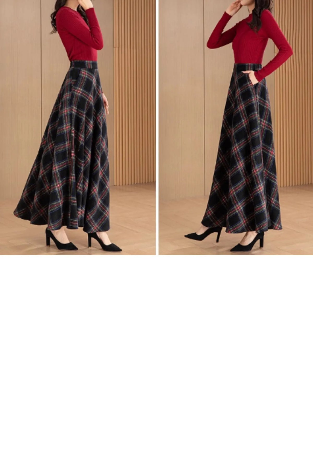 Handmade Black Red Plaid Wool Maxi Skirt – Vintage High Waist A-line Winter Elegance 