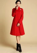 Vintage Wool Coat for Women – Handmade Red Military Style Midi Winter Coat with Sculpted Collar 