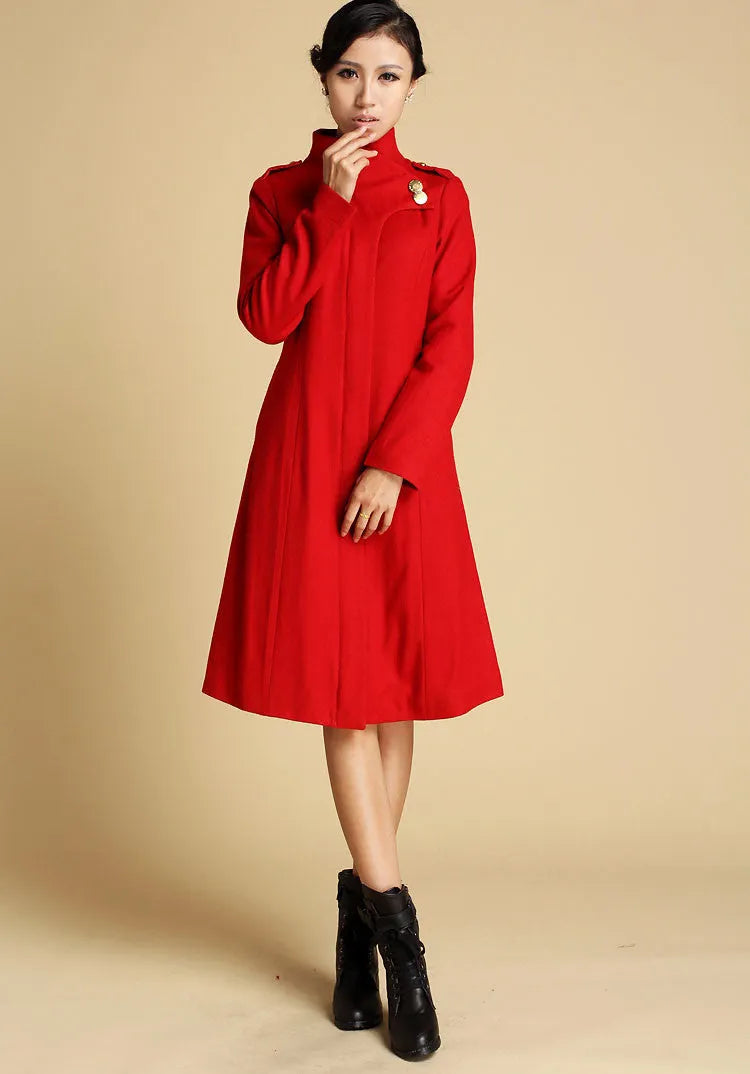Vintage Wool Coat for Women – Handmade Red Military Style Midi Winter Coat with Sculpted Collar 