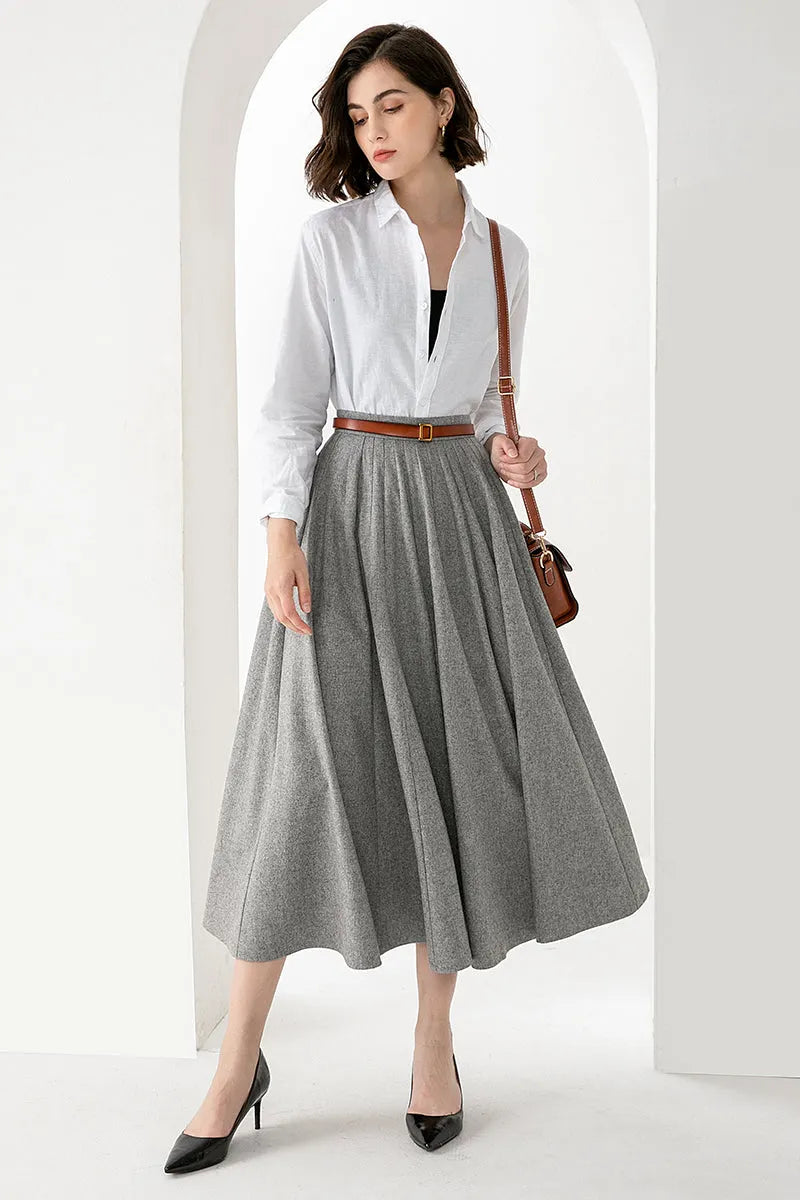 Women’s Light Gray Wool Midi Skirt – Elegant Handmade Swing Skirt 