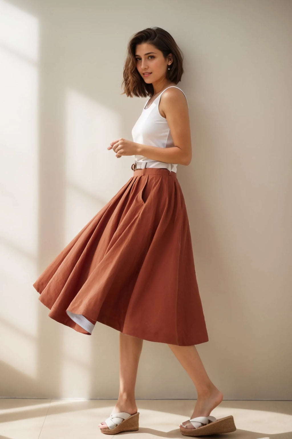 Brown Linen Midi Skirt - Pleated Full Circle Silhouette with Pockets 4976