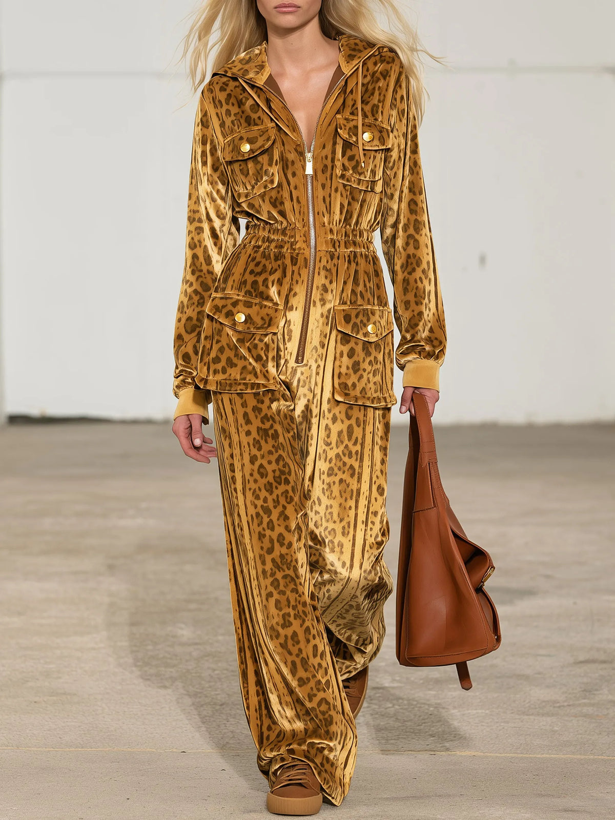 Casual Retro Zip-up Striped Leopard Print Gold Velvet Hooded Jumpsuit