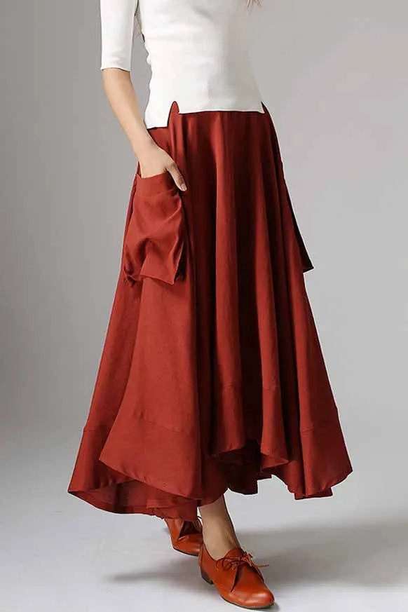 Red Linen Maxi Skirt - Asymmetric Ruffle Hem Pockets 