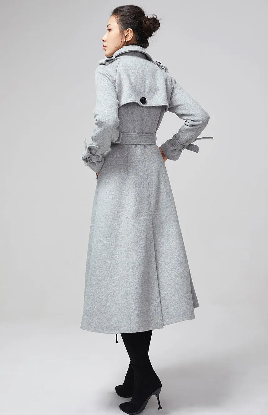 Handmade Gray Wool Trench Coat – Double Breasted Long Winter Overcoat 