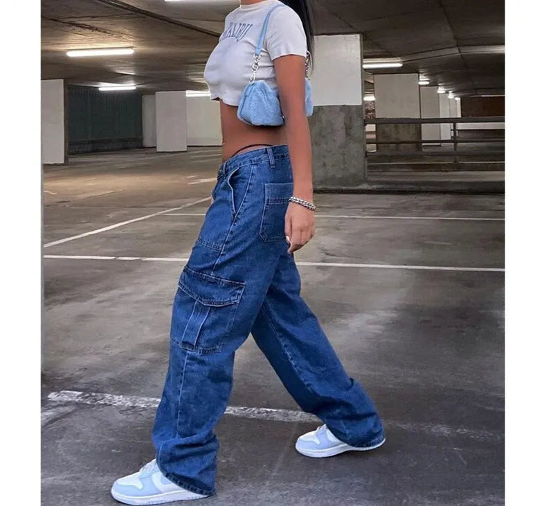 KittenAlarm - Y2k Cargo Pants Women's Jeans New Fashion Baggy Jeans Denim Overalls 90s Low Rise Pocket Straight Leg Trou