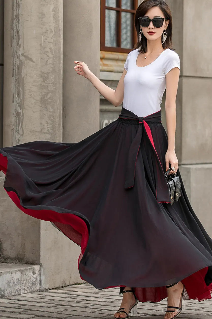 Reversible Maxi Skirt – Elegant Black/Red Chiffon Swing Circle Skirt 2714