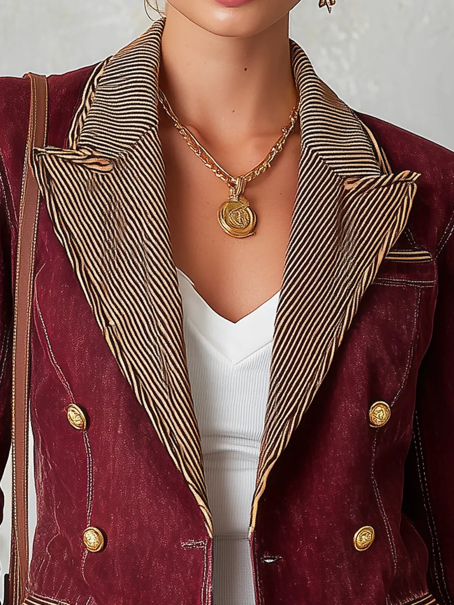 Burgundy Double and Striped Lapels Breasted Blazer