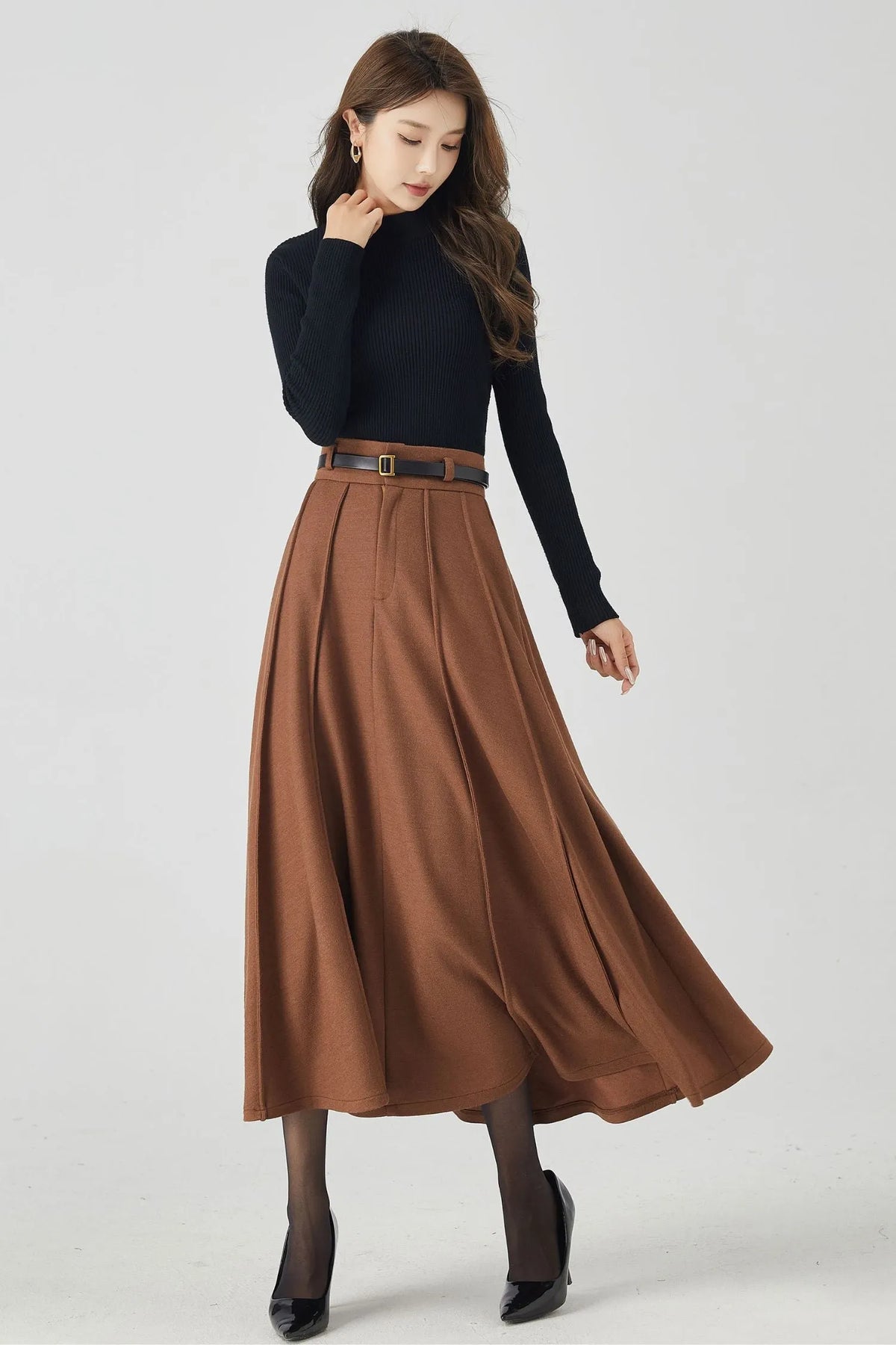 Handmade Wool Pleated Midi Skirt – High Waist Brown Winter Skirt 