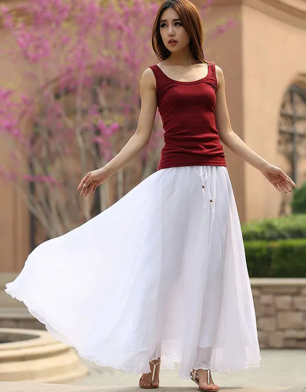 White Chiffon Maxi Skirt - Elastic Waist Ruffle Detail 944