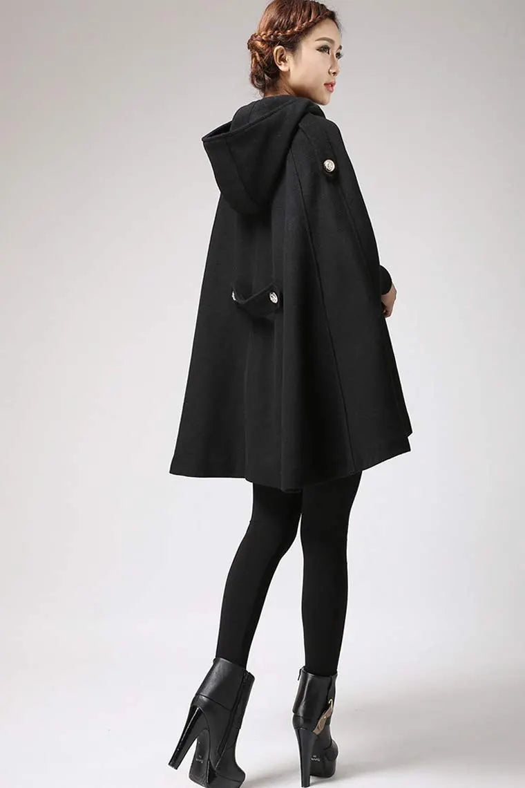 Black Hooded Wool Poncho Coat – Elegant Military Style Cape 