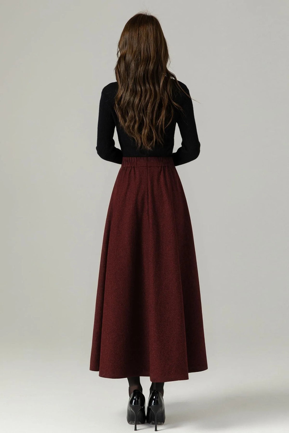 Burgundy Wool Maxi Skirt – Vintage High Waist A-Line Winter Skirt with Pockets 5227