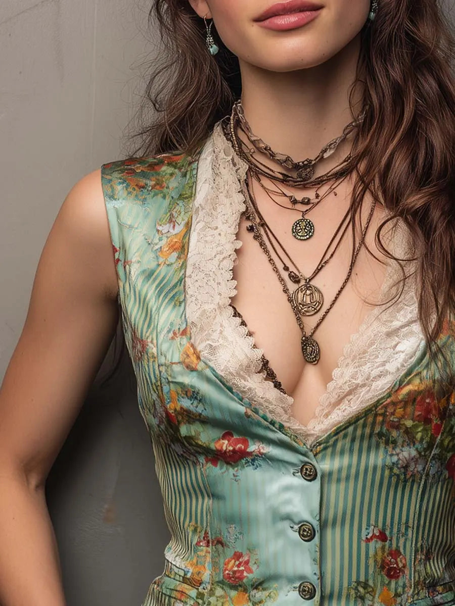 Retro Striped Floral Lace Polyester Satin Vest