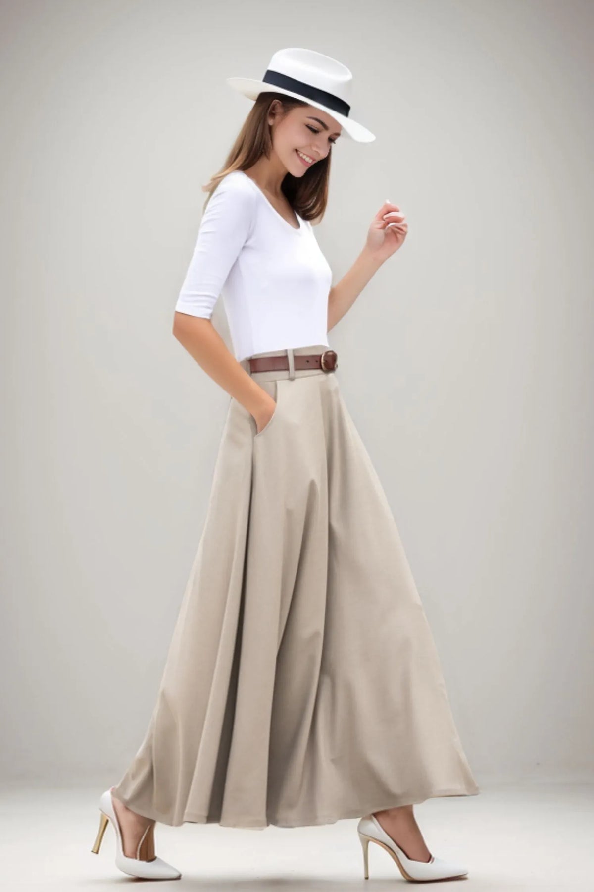 Khaki Cotton Linen Maxi Skirt – Vintage High Waist Long Skirt with Pockets 2783