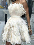 Off-The-Shoulder Feather Backless Solid Color Party Mini Dress