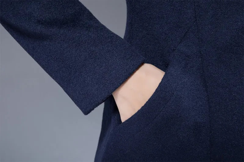 Navy Wool Coat - Asymmetrical Hem and Cowl Neck 1817