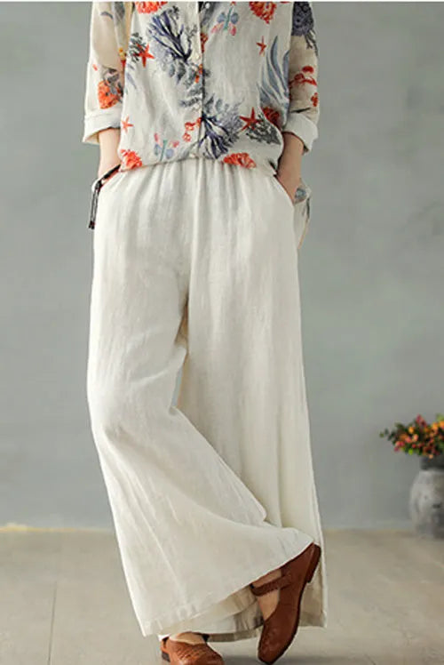 White Linen Blend Palazzo Pants - Elastic Waist, Relaxed Fit 2866