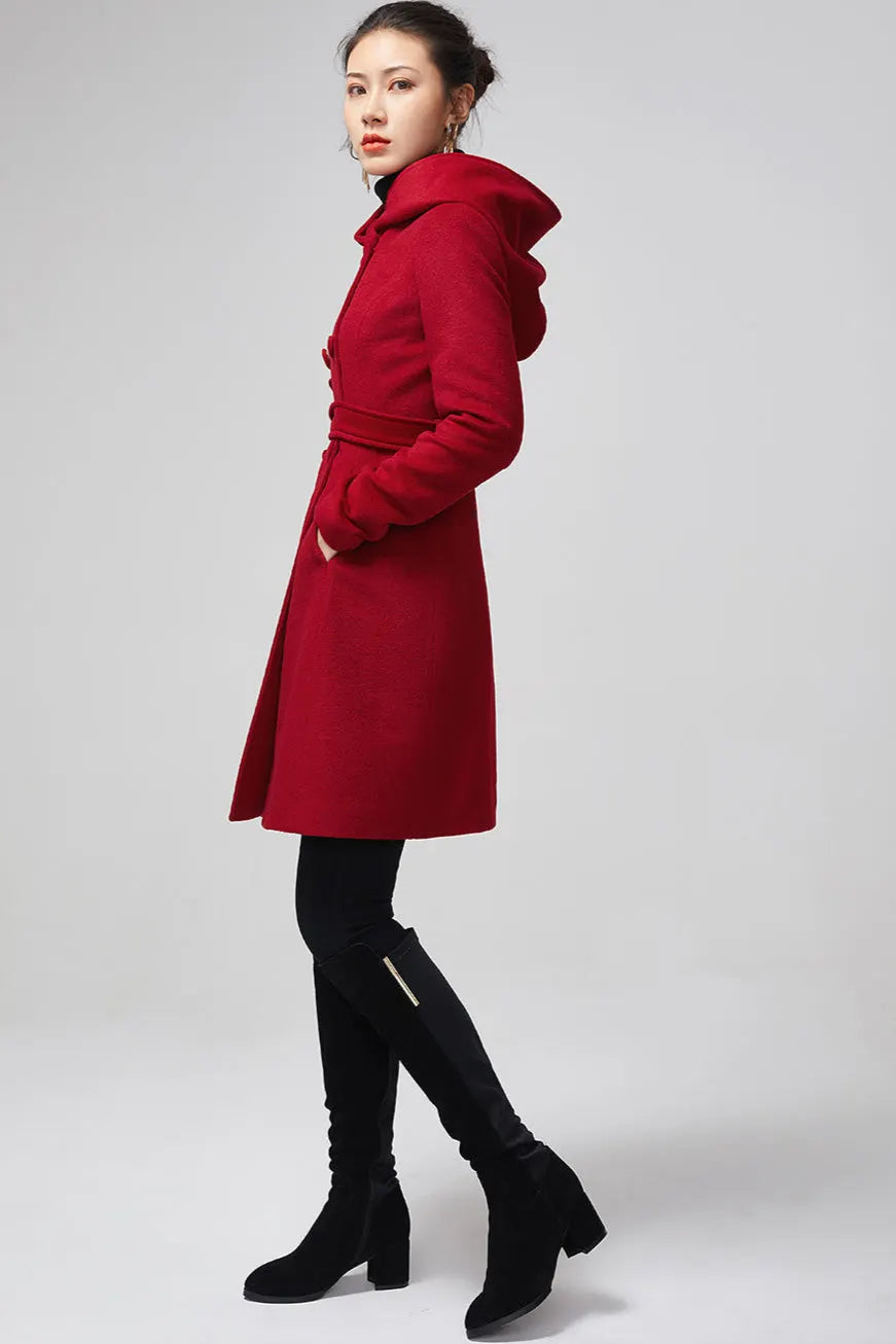 Red Wool Blend Hooded Coat – Handmade Double-Breasted Winter Elegance 2199