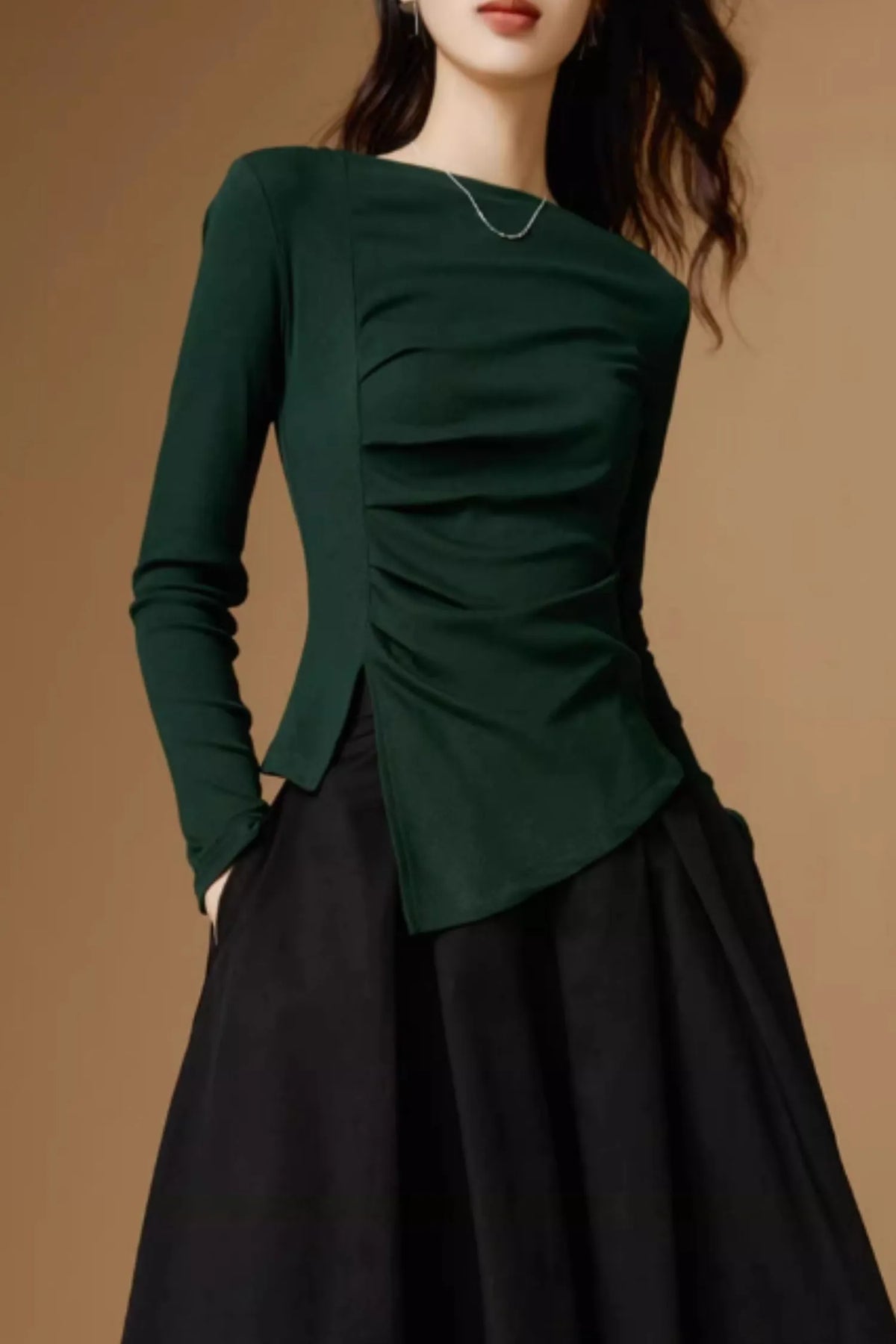 Forest Green Wool Blend Asymmetrical Knit Top - Long Sleeve Autumn Essential 5525