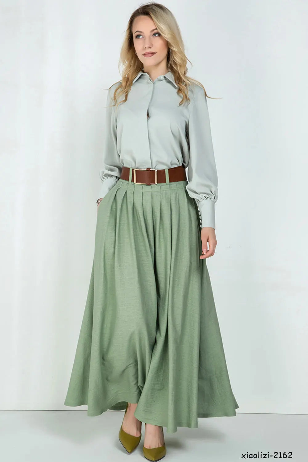 Handmade Navy Blue Linen Maxi Skirt – High Waist with Pockets 1046