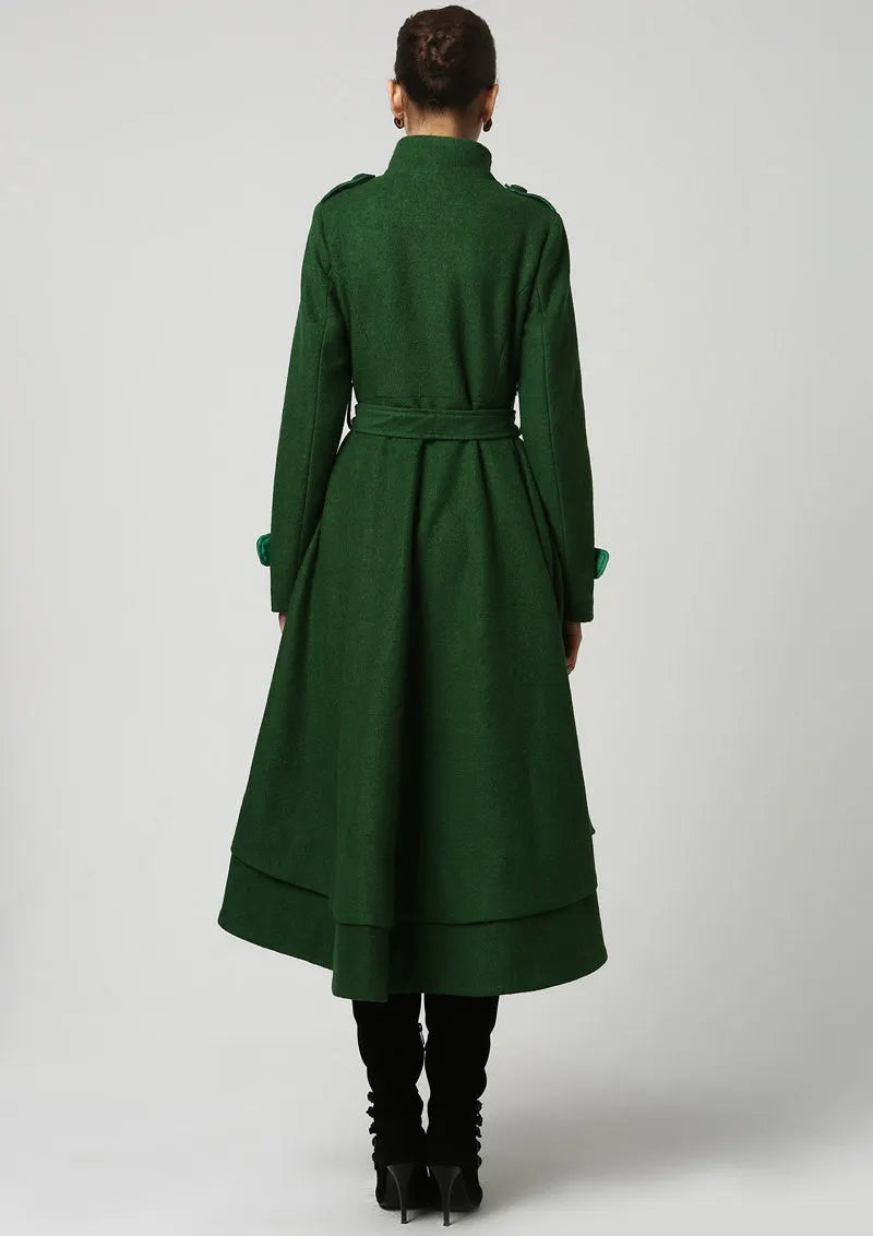 Vintage Dark Green Wool Blend Women's Coat – Military Collar & A-Line Hem 1112