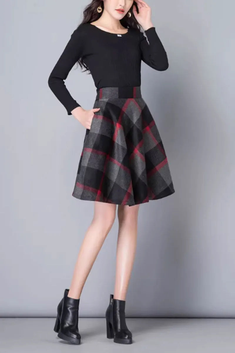 Black and Gray Wool A-Line Skirt - Short Winter Elegance 4655