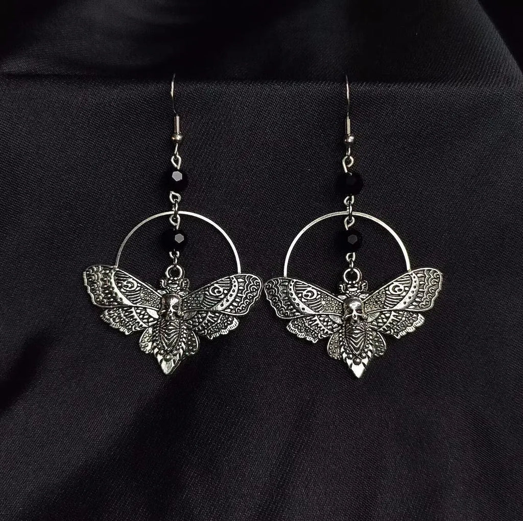 Black Crystal Beads Skull Moth Earrings