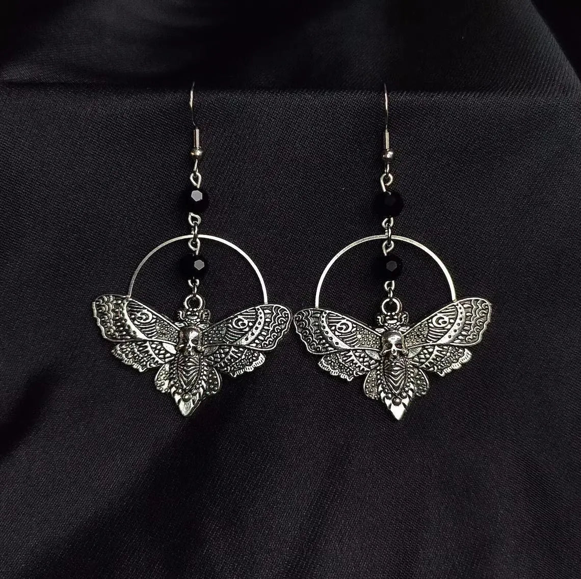 Black Crystal Beads Skull Moth Earrings
